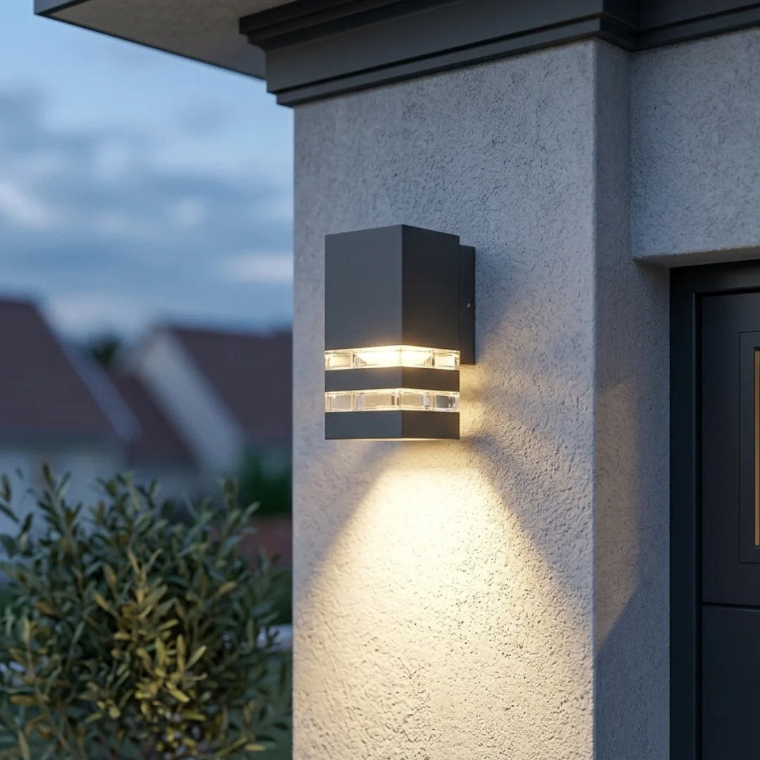 Modern black outdoor wall light with LED, sleek square design mounted on a wall, ideal for porch or patio lighting