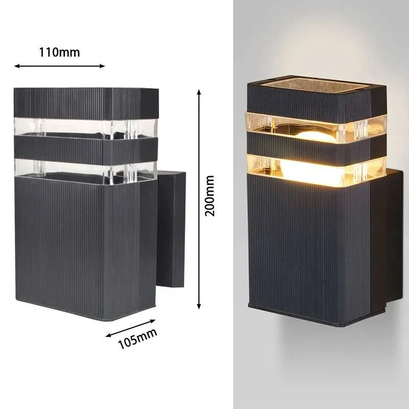 Modern black waterproof LED wall light mounted on outdoor wall, showcasing sleek square design and warm white illumination