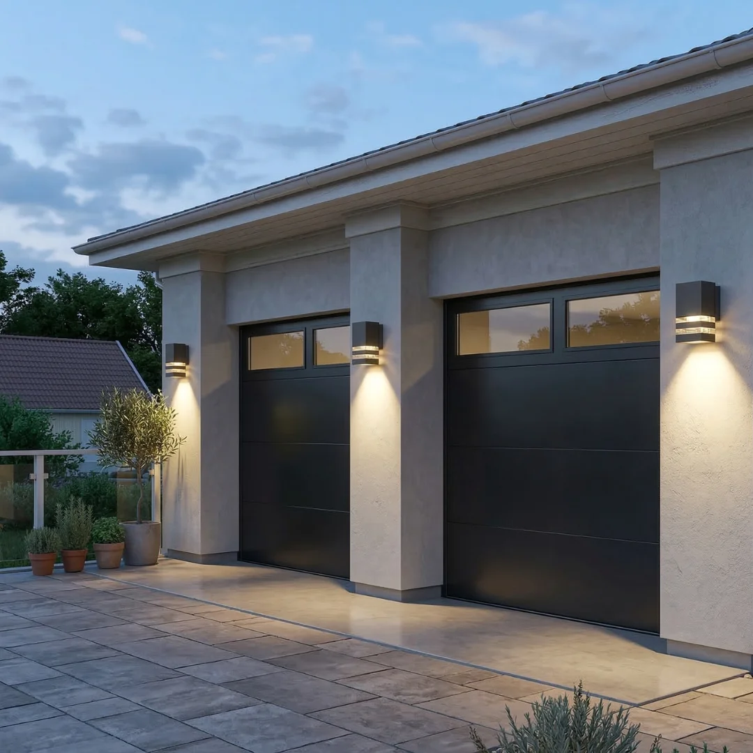 Modern porch light in black die-cast aluminum with waterproof design, mounted on an outdoor wall illuminating a patio area