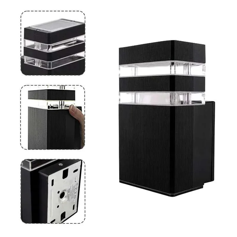 Modern black 60W LED wall sconce mounted on outdoor wall, casting warm white light with unique directional effect