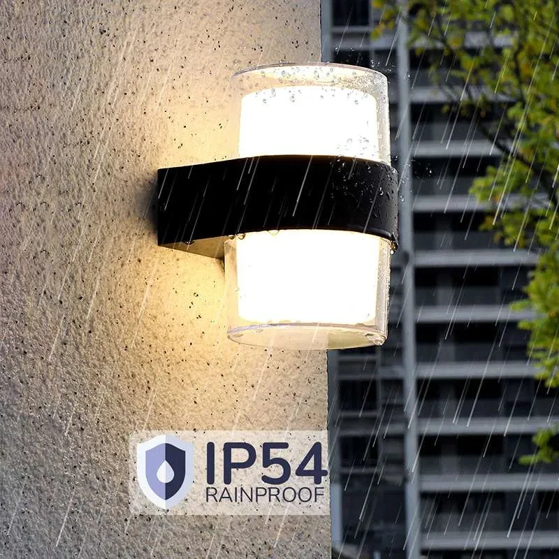 Modern black aluminum 12W LED outdoor wall light with up and down warm white illumination, IP54 waterproof rating