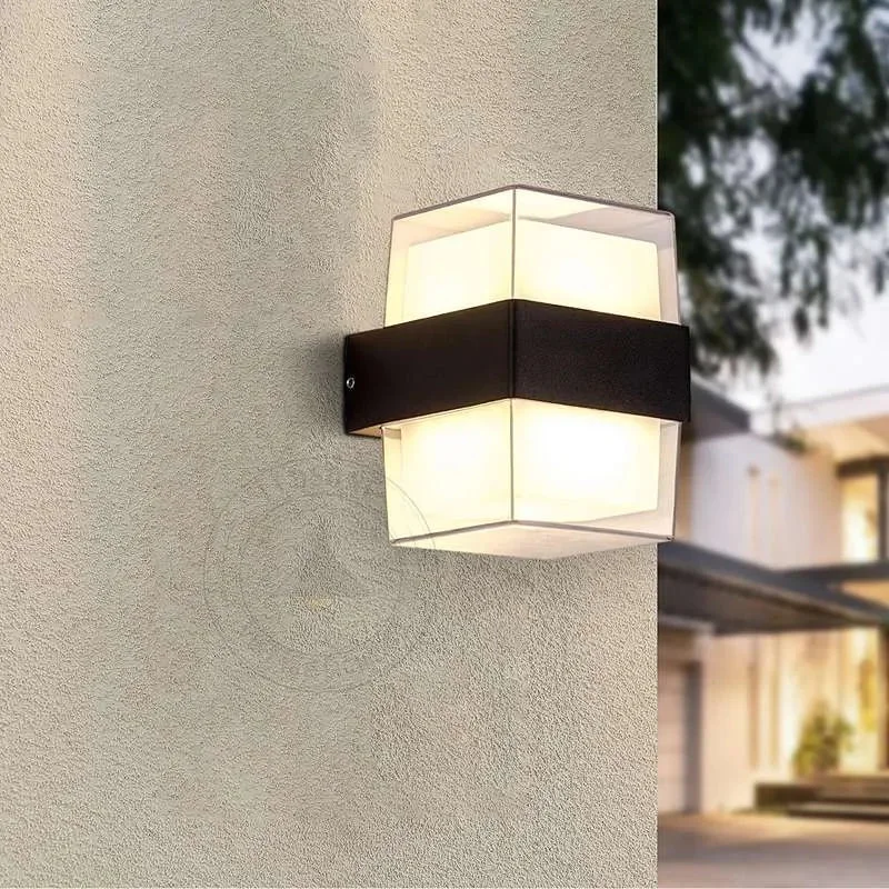 Modern black and white cuboid outdoor wall sconce with up/down warm LED light, aluminium body, IP54 waterproof rating