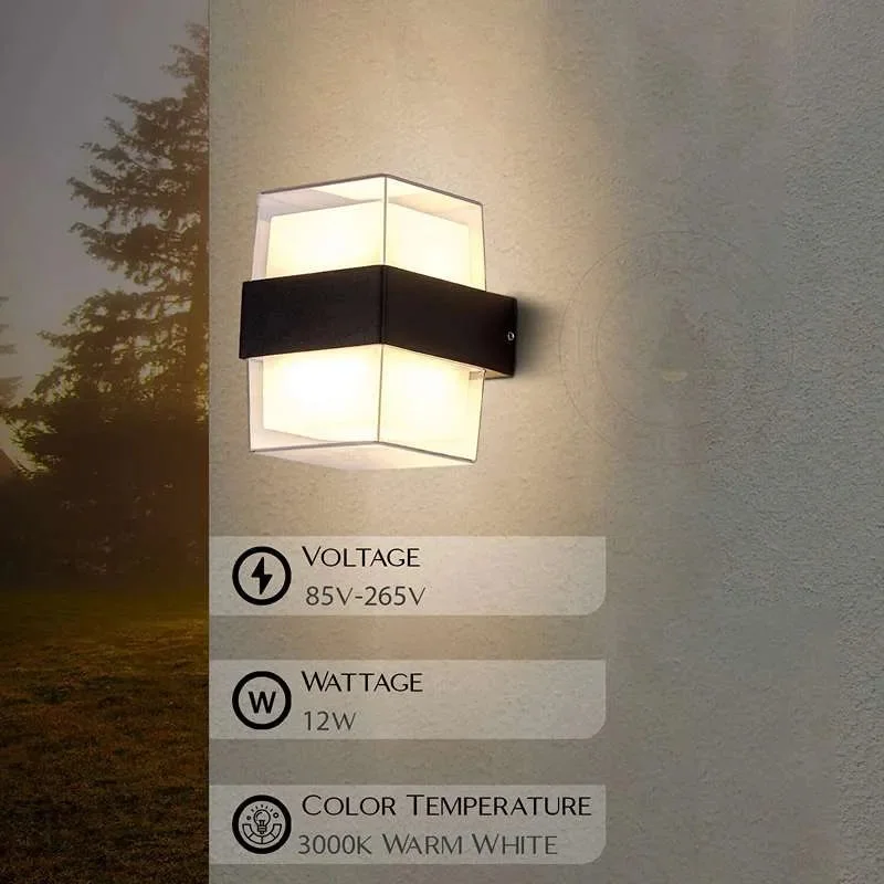 Black and white modern waterproof wall sconce with up/down LED light, aluminium body, and acrylic lampshade mounted outdoors