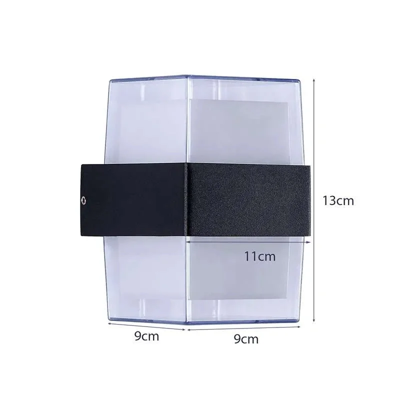 Modern outdoor lighting featuring a black and white cuboid LED wall sconce with up/down warm light, IP54 rated aluminum body