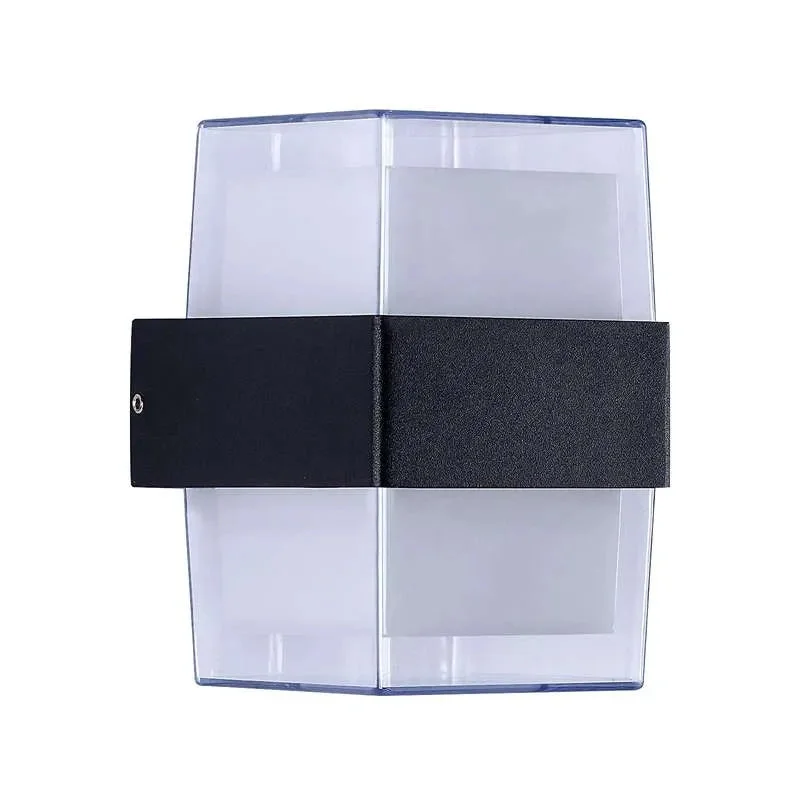 Black and white modern cuboid IP54 outdoor light wall sconce with up/down warm LED illumination on a white wall
