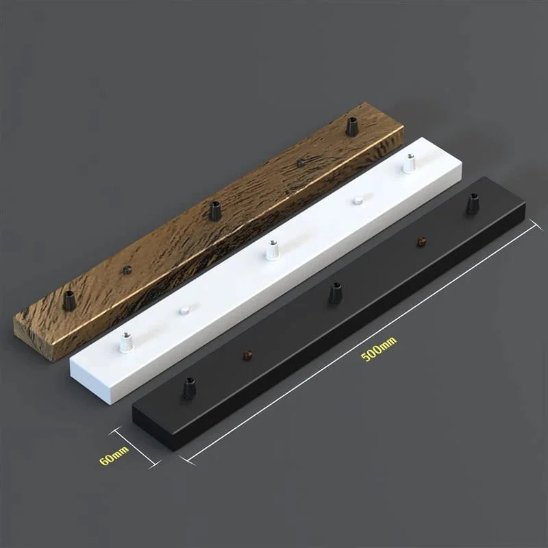 Rectangular metal ceiling rose fixture with three outlets, cord grip nuts, screws, and earth wire accessories included