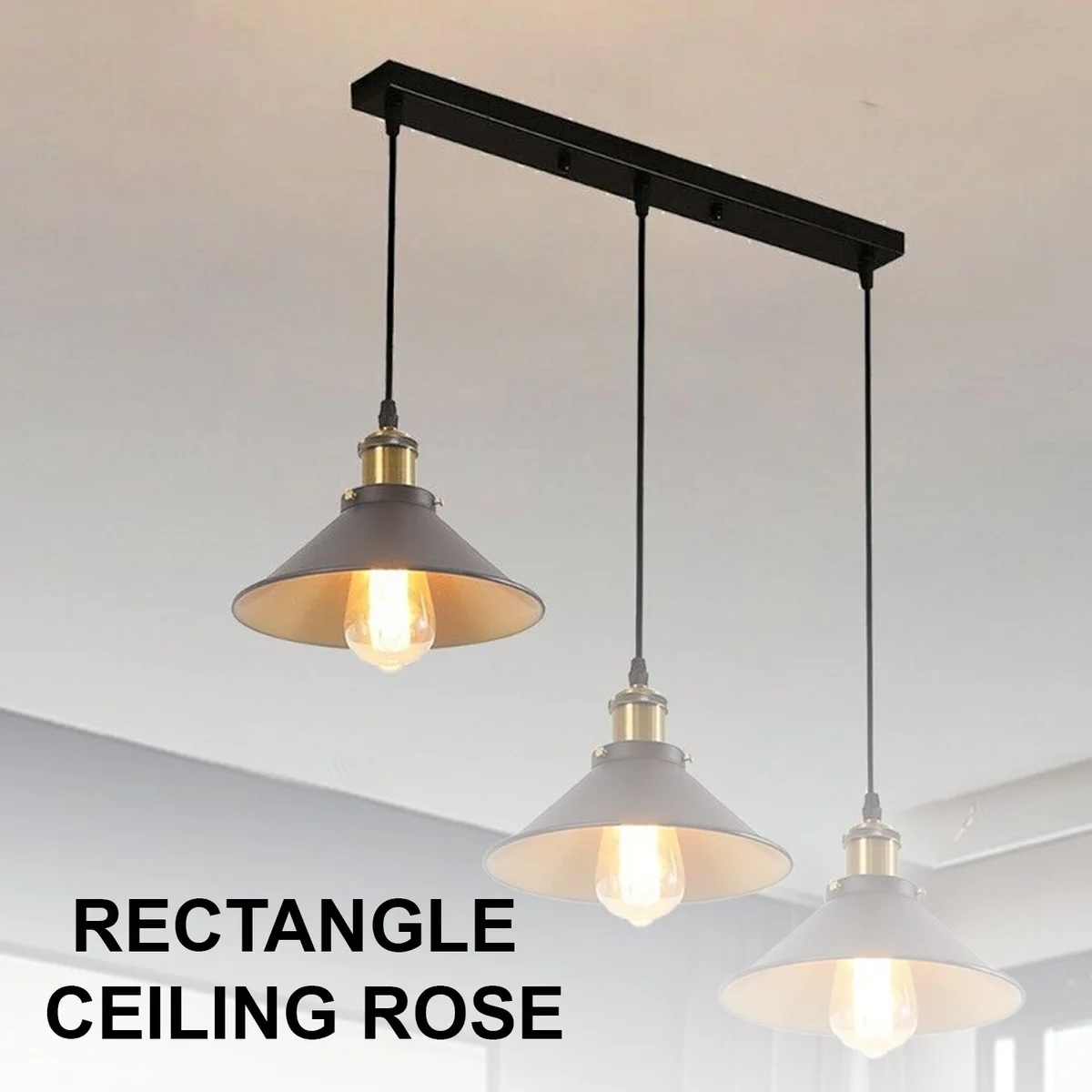 Rectangular ceiling rose metal fitting with cord grip nuts, screws, and earth wire accessories on white background