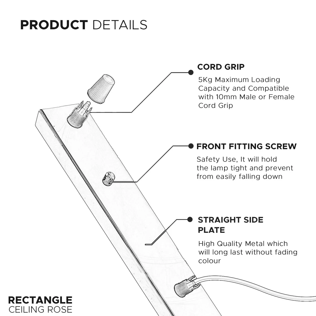 Rectangular metal ceiling rose with cord grip nuts, screws, and earth wire accessories on white background