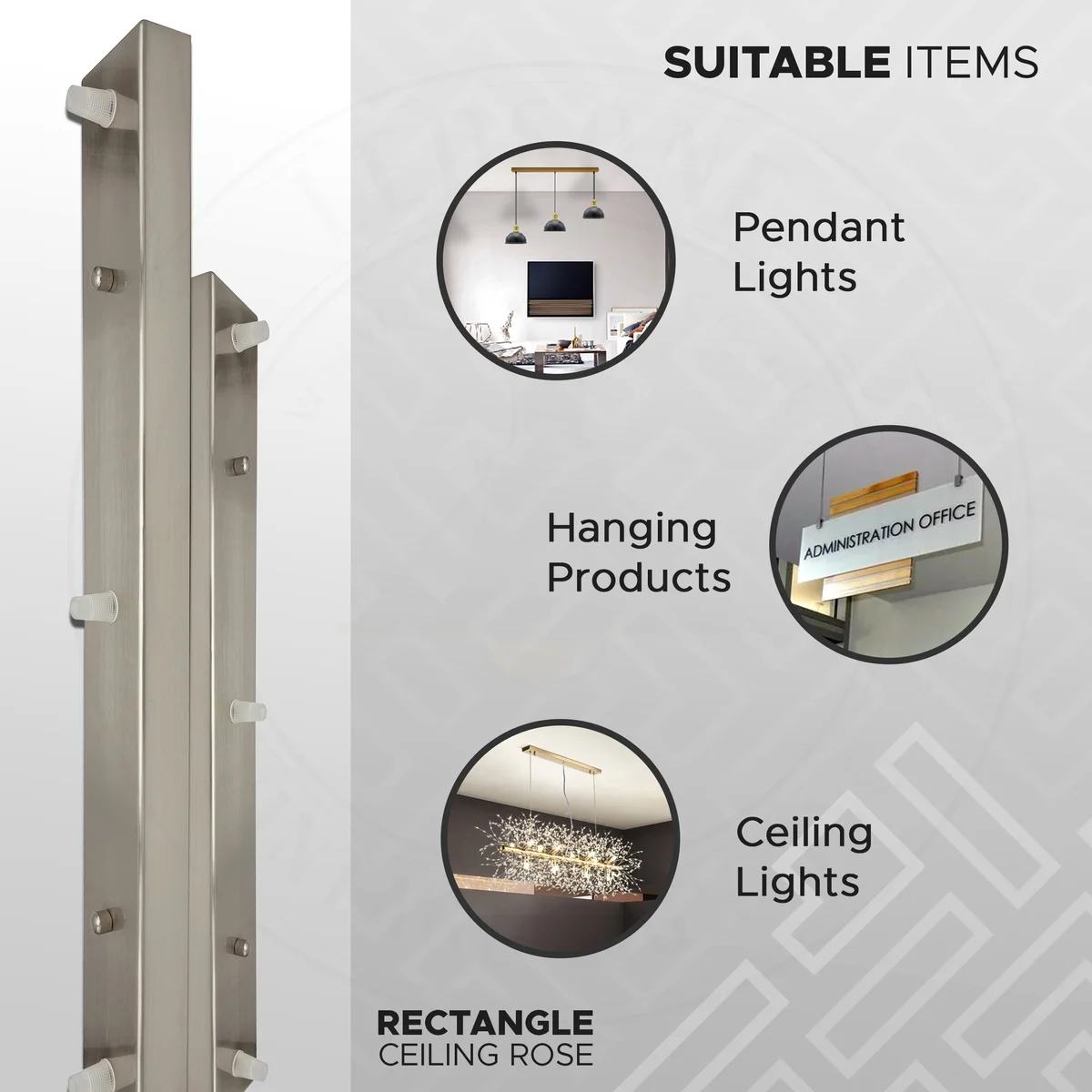 Rectangular satin nickel metal ceiling rose with mounting bracket and cord grip nuts for modern ceiling light fittings