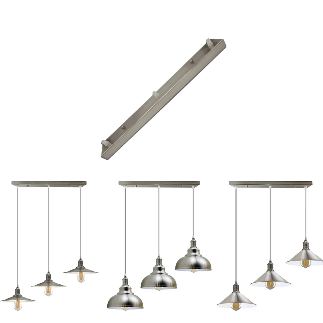 Satin nickel rectangular ceiling rose with three outlets, metal modern industrial light fitting plate, 50cm wide