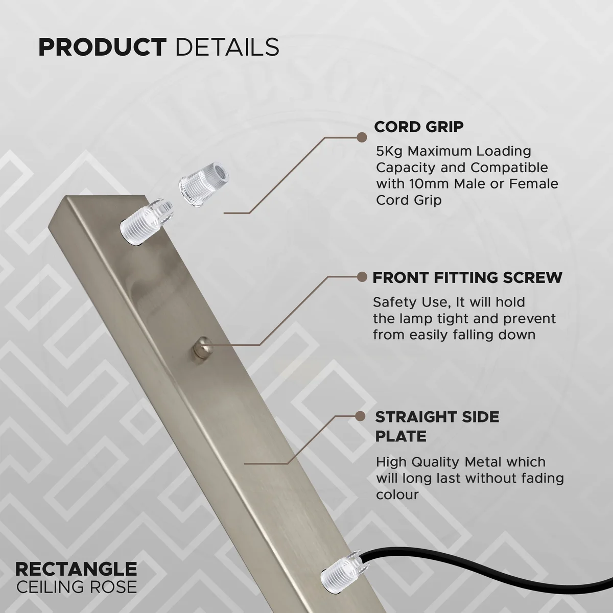 Rectangular satin nickel modern ceiling fitting plate with accessories including screws and cord grip nuts on white background