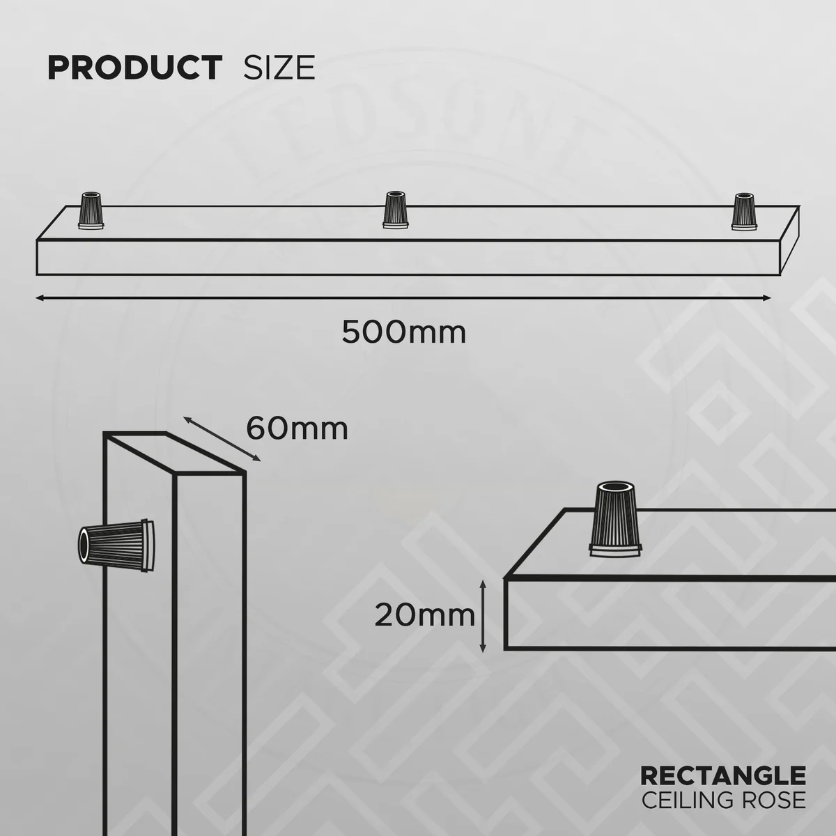 Rectangular satin nickel indoor ceiling rose with three outlets, metal finish, includes fixing accessories and earth wire