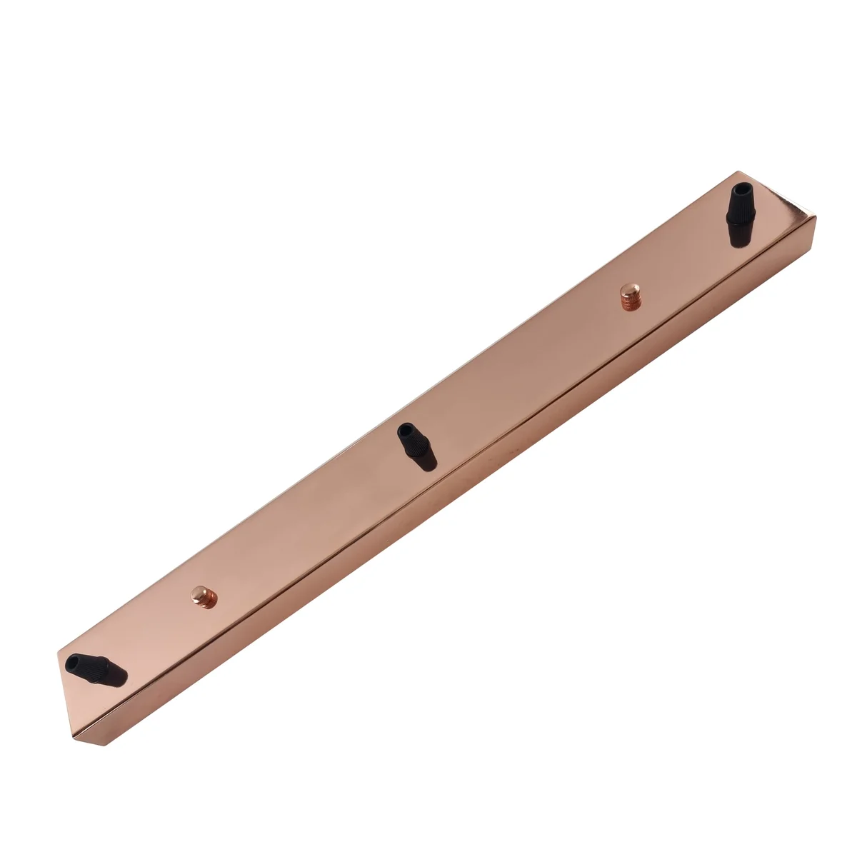 Rectangular rose gold ceiling rose with three outlets, metal modern industrial design, 500mm by 60mm, includes fittings