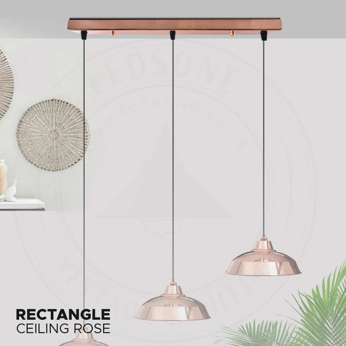 Rectangular rose gold 3 outlet ceiling rose with metal finish, cord grips, screws, and earth wire accessories included