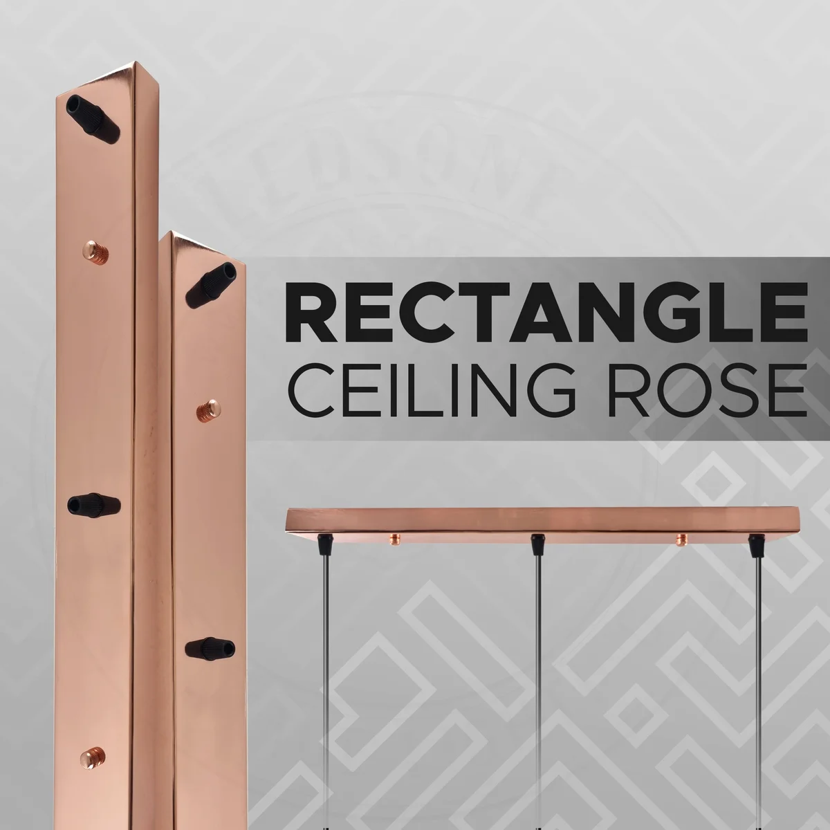 Rectangular rose gold industrial ceiling fitting with metal plate, cord grip nuts, screws, and earth wire accessories