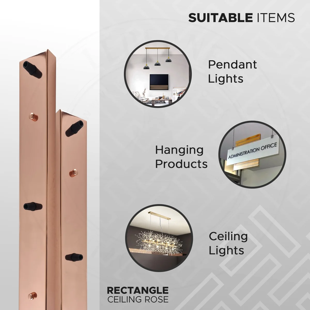 Rectangular rose gold metal ceiling rose pendant lighting fixture with cord grip and installation accessories displayed flat