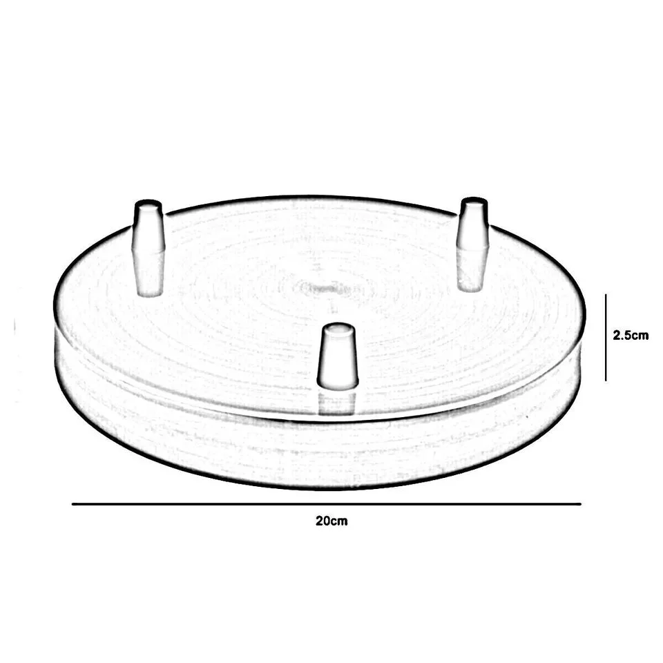 Multi-outlet ceiling rose light fitting in satin nickel with three-way outlets, 200mm diameter, decorative ceiling plate