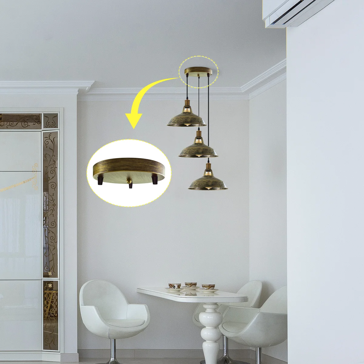 Yellow metal ceiling rose with riveted construction and earth tag, 200mm diameter, for hanging light fittings up to 5kg
