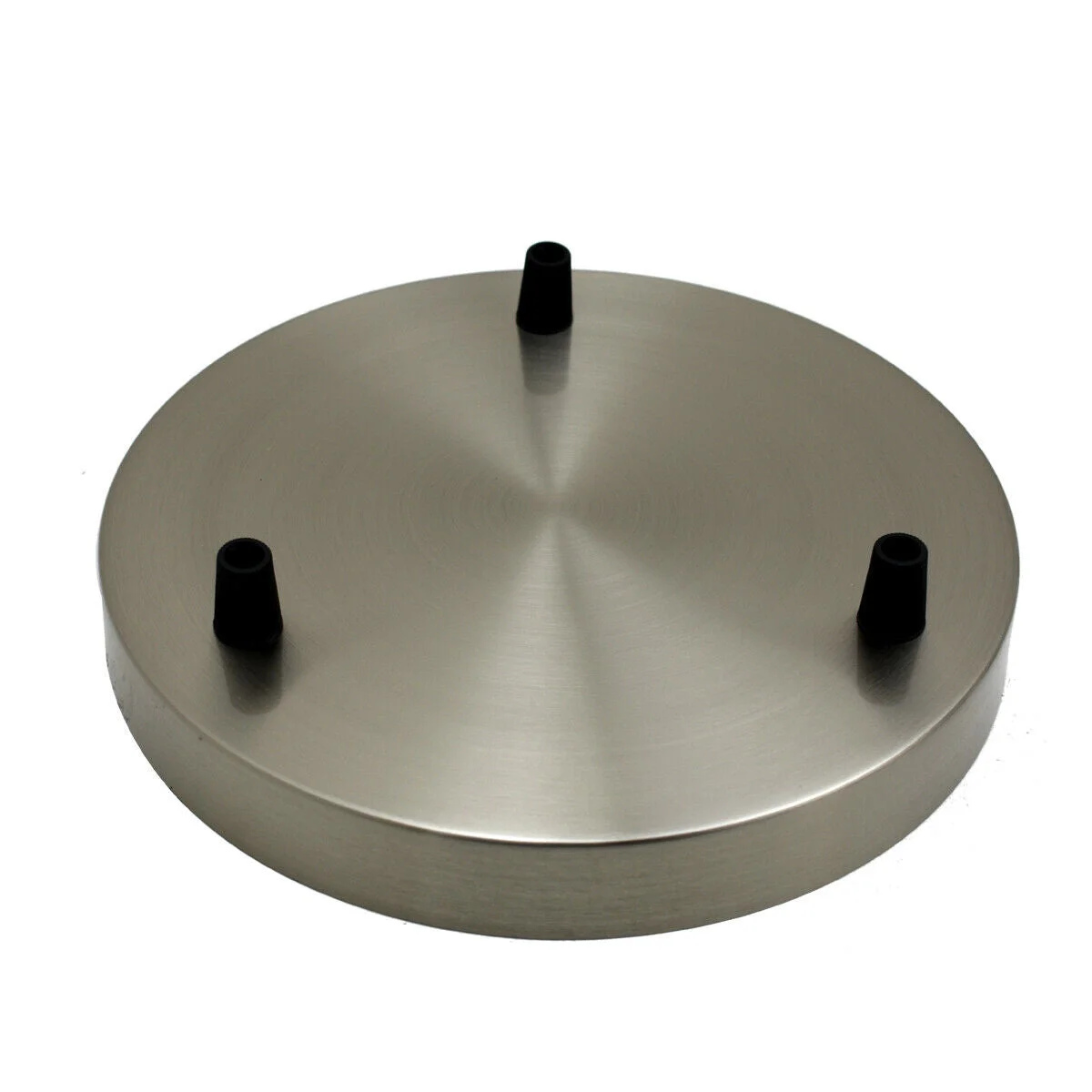 Multi outlet ceiling rose in satin nickel finish, 200mm diameter, metallic with riveted construction and earth tag visible