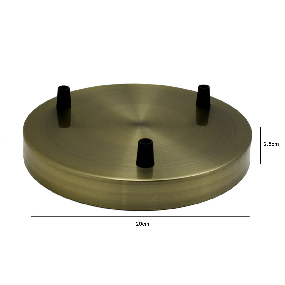 Green brass ceiling rose with three outlets, 200mm diameter, metallic iron with riveted construction and earth tag