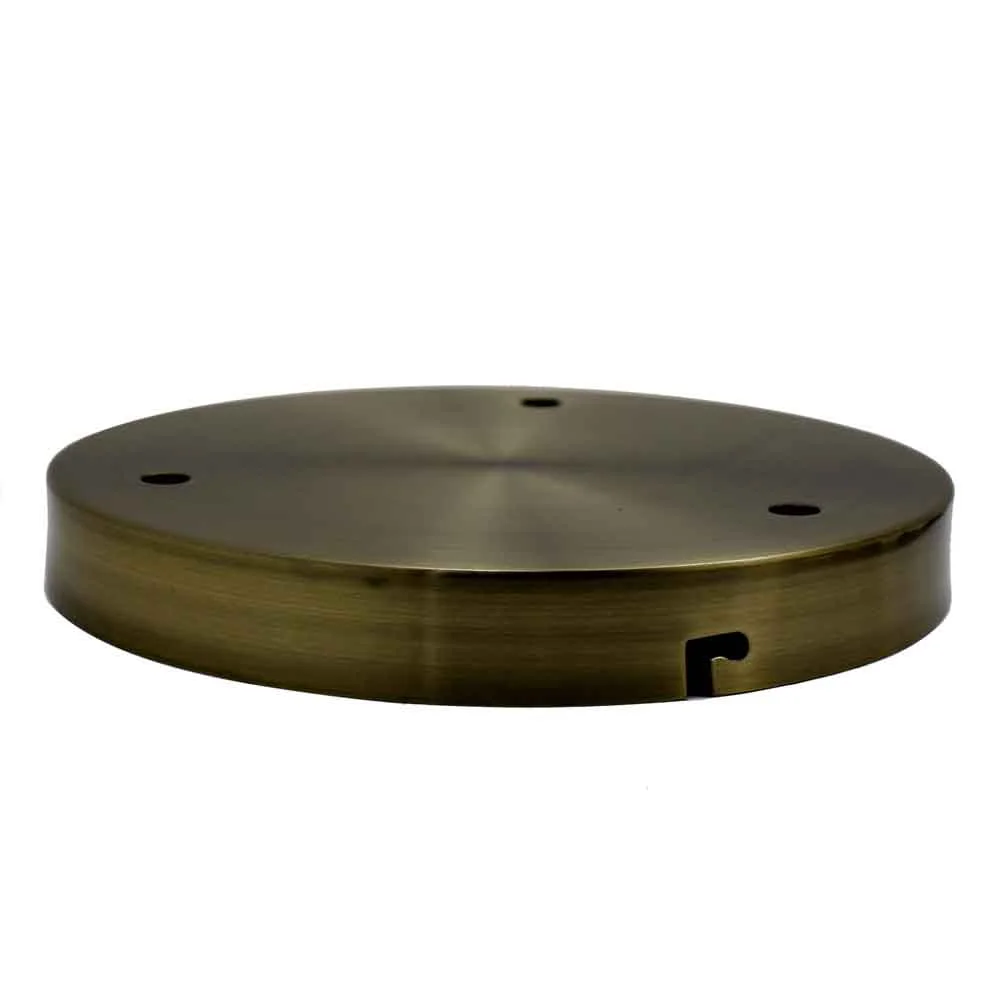 Green brass decorative ceiling plate with three-way outlets, 200mm diameter, riveted iron construction with earth tag