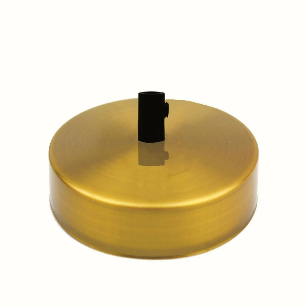 Yellow brass ceiling rose with single outlet, round metal design, 120mm diameter, side fitting for pendant lights