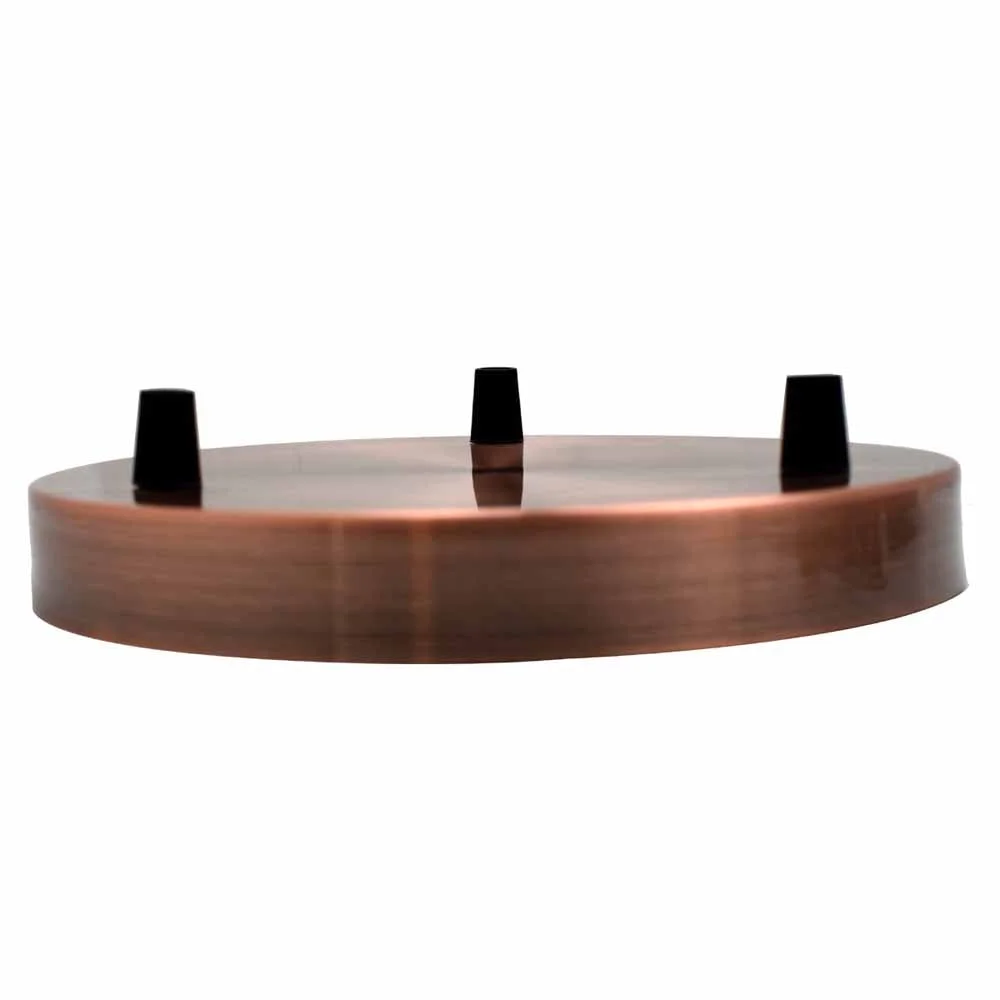 Copper ceiling rose with three-way outlets, 120mm diameter, riveted metallic iron construction with earth tag