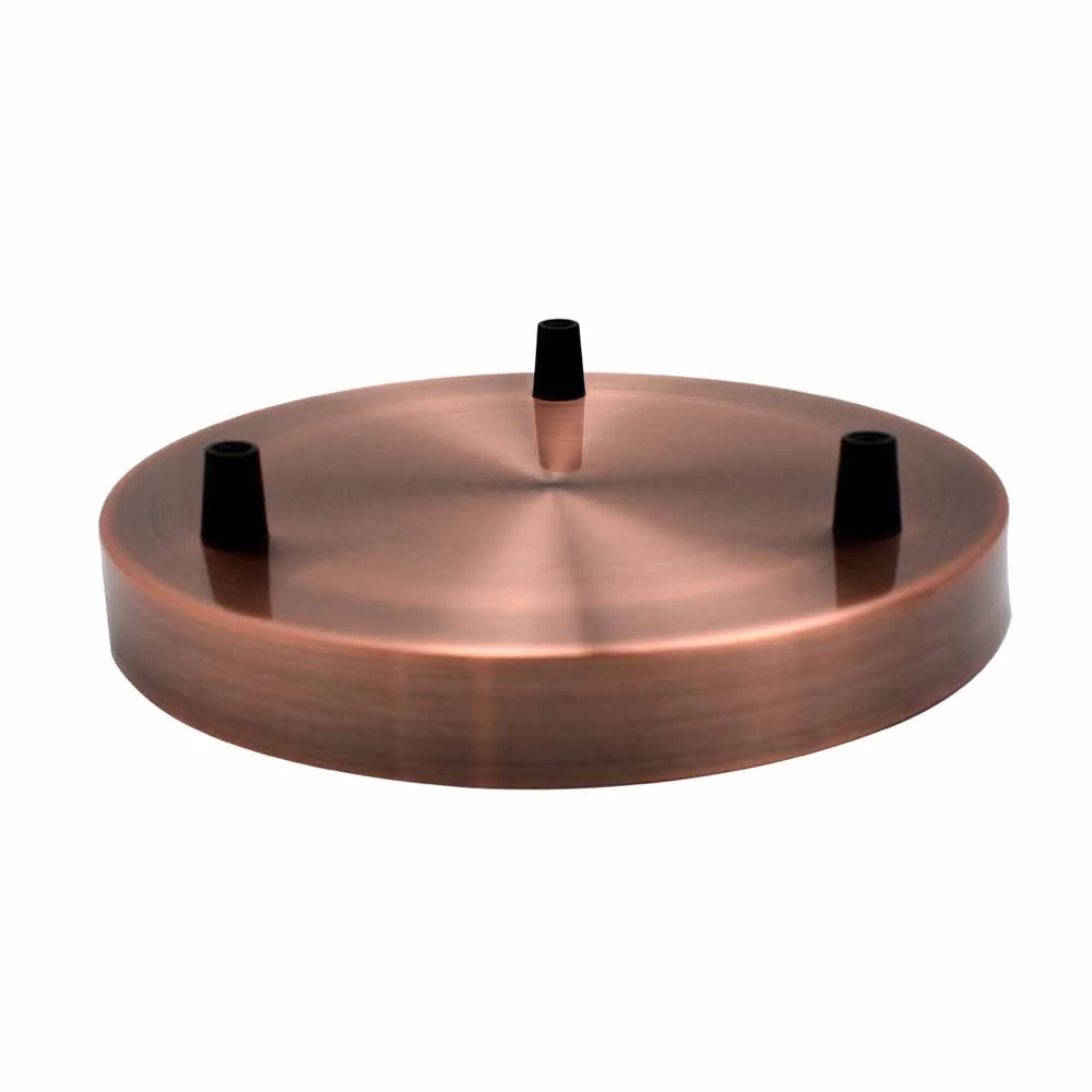 Copper 3 way ceiling rose with riveted construction and earth tag, 120mm diameter, designed for hanging light fittings up to 5kg