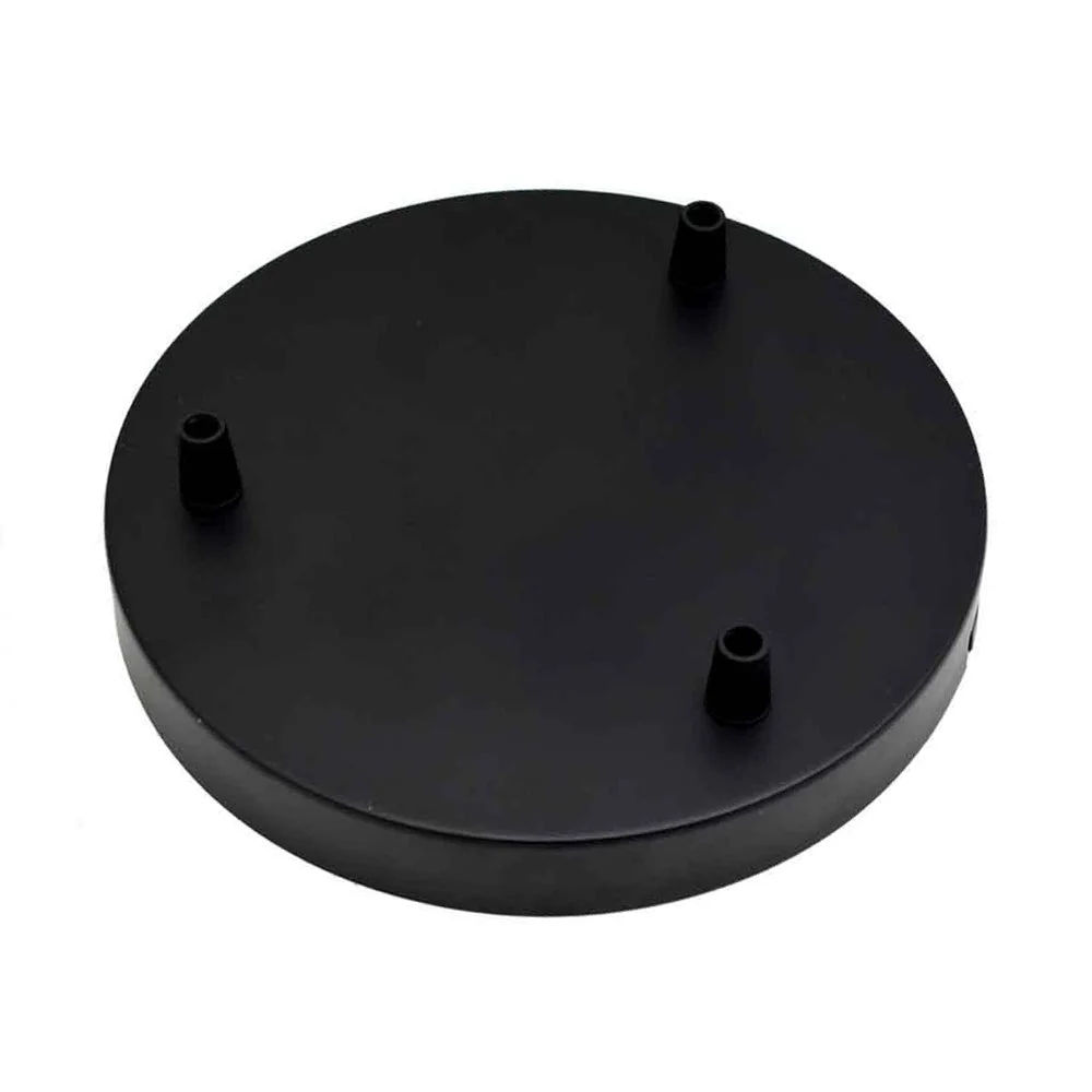 Black ceiling rose with 3 outlets, 200mm diameter, metallic iron with plating, designed for hanging light fittings up to 5kg