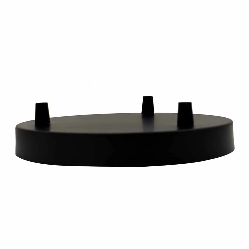 Black 3 outlet ceiling rose with 200mm diameter, metallic iron, riveted design, and earth tag for light fittings suspension