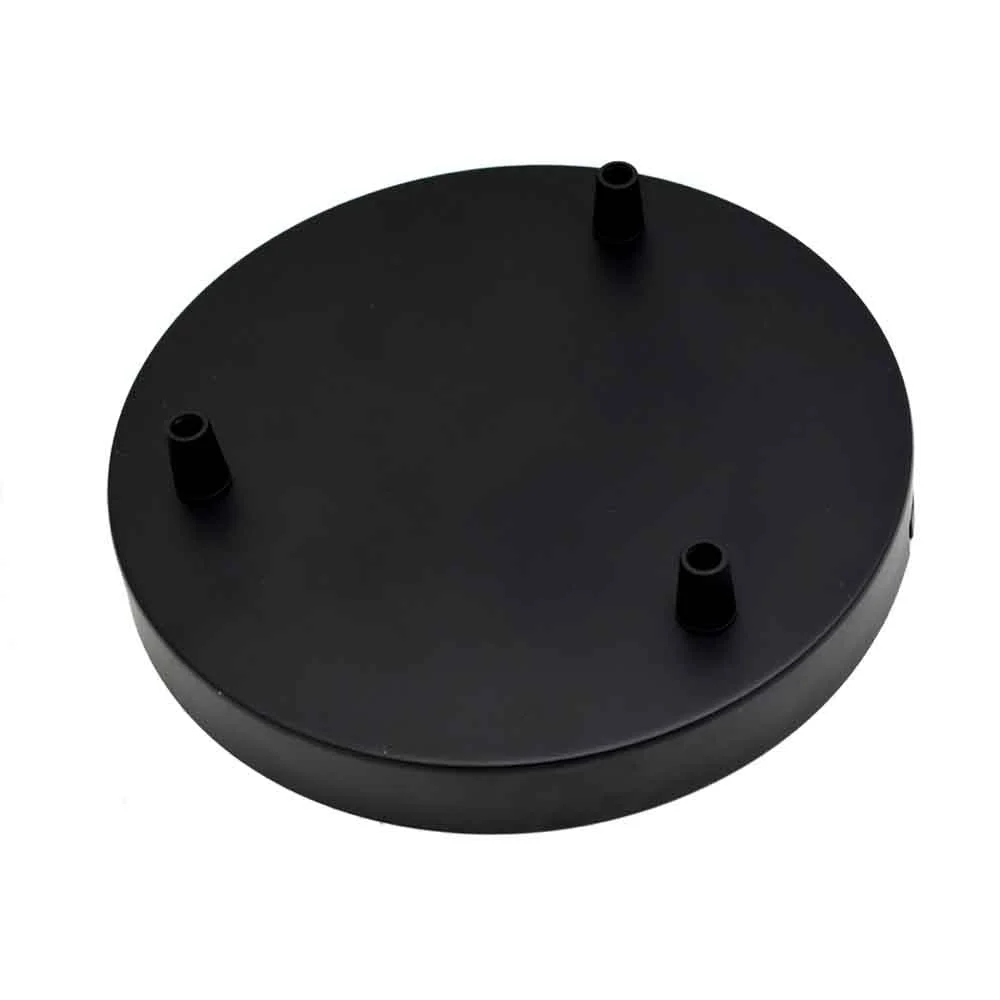 Black metallic ceiling rose with three outlets, 200mm diameter, riveted construction, and earth tag visible from above