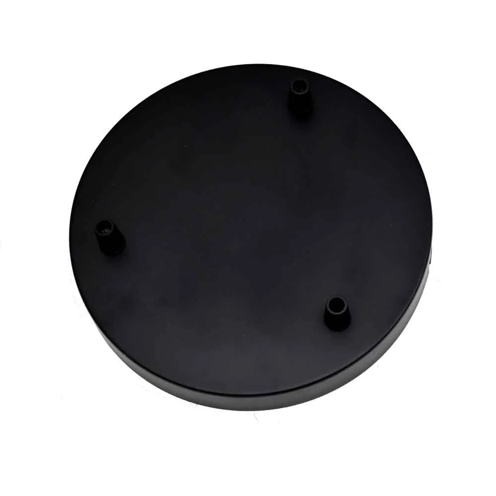 Black decorative ceiling rose with three outlets, 200mm diameter, metallic iron with riveted construction and earth tag