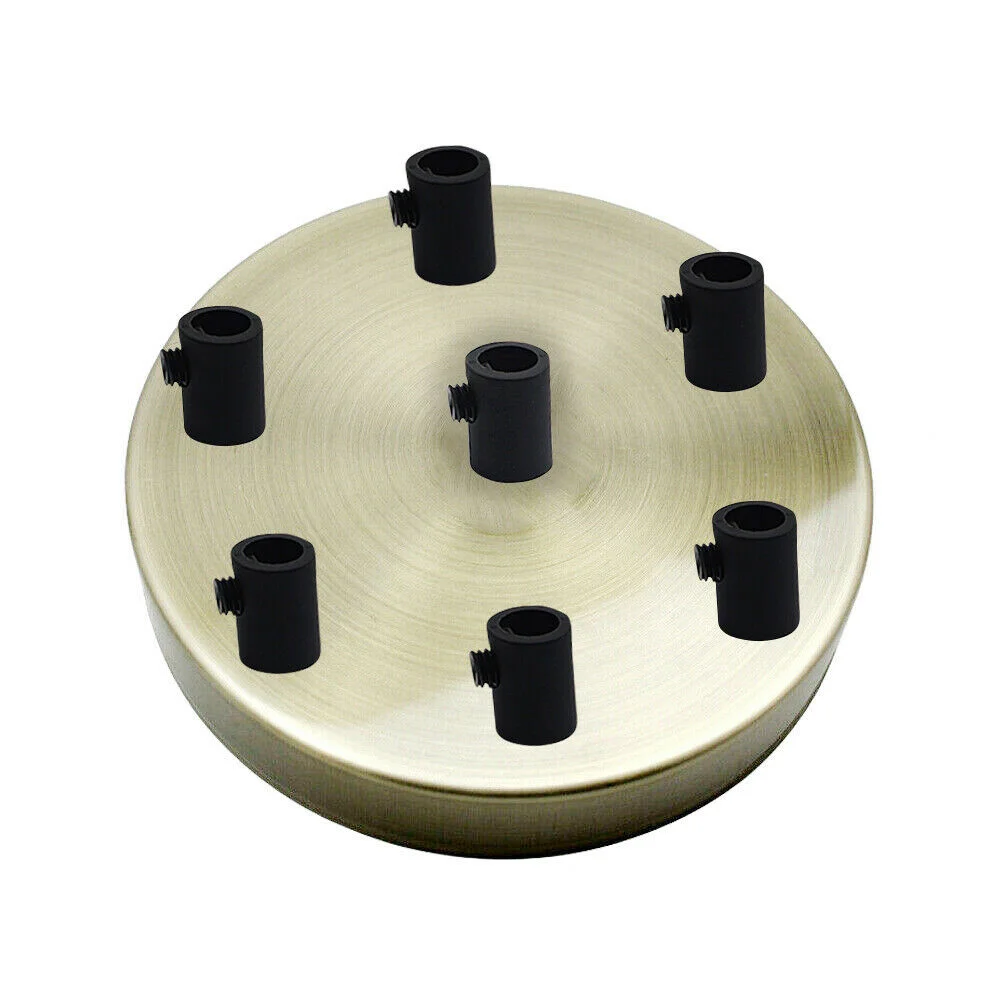 Green brass ceiling rose with 7 outlets, round metal design, 120mm diameter, 25mm height, includes black cord grip and screws