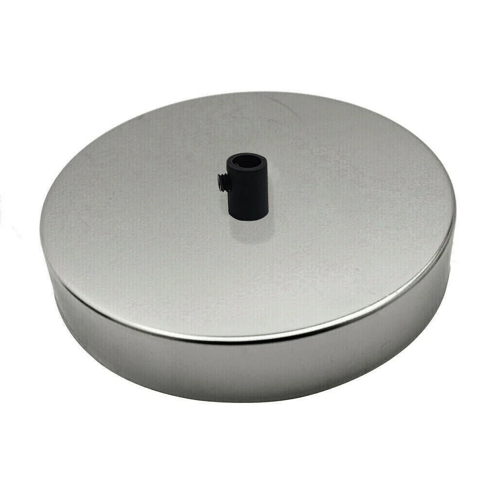 Chrome ceiling rose with single outlet, round metal design, 120mm diameter, 25mm depth, includes cord grip and screws