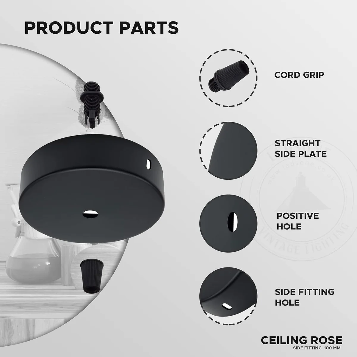 Black vintage ceiling light mounting plate with cord grip and mounting bracket for pendant light installation