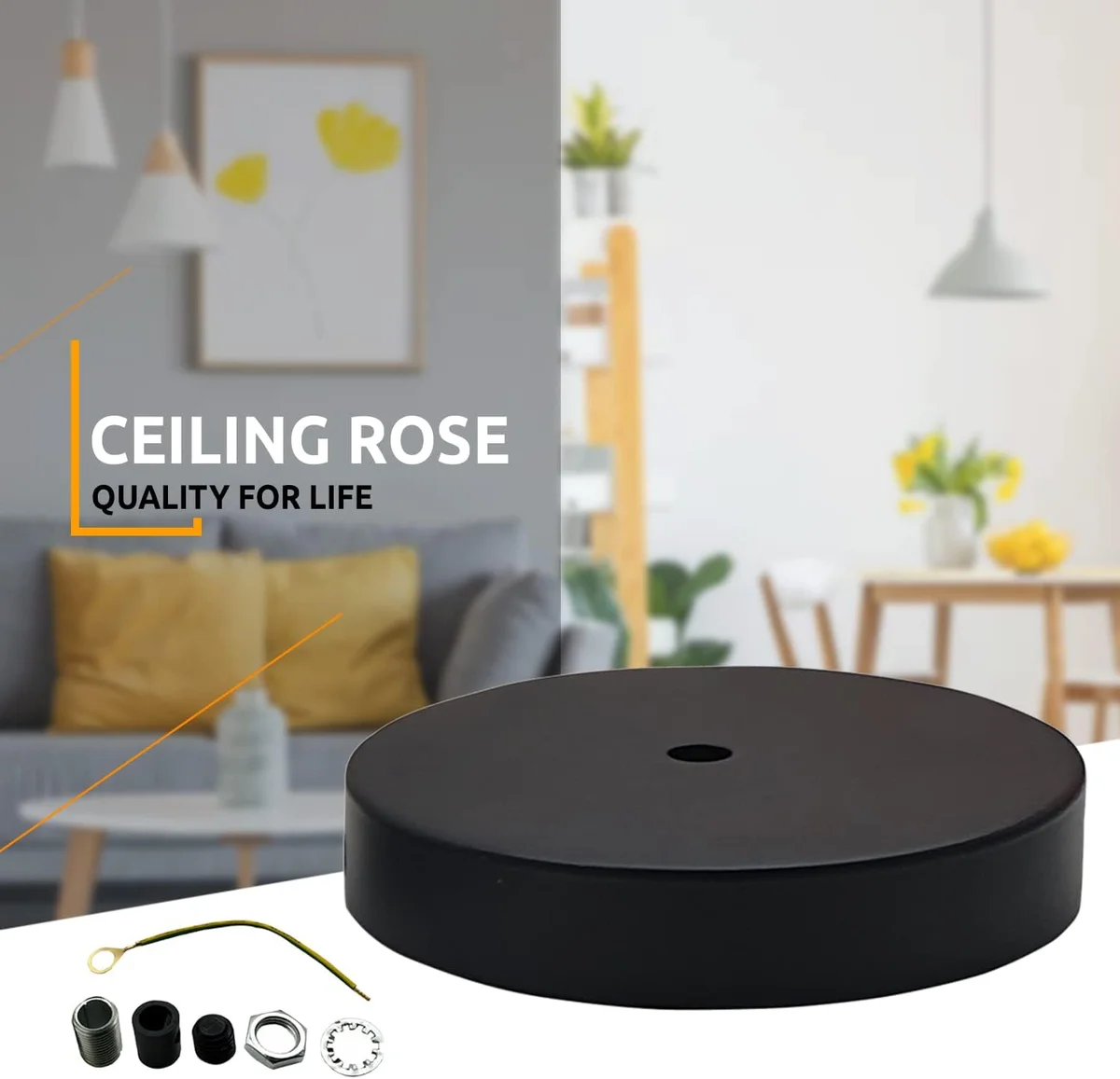 Black single outlet ceiling rose with cord grip and mounting bracket, 120mm diameter, vintage industrial style