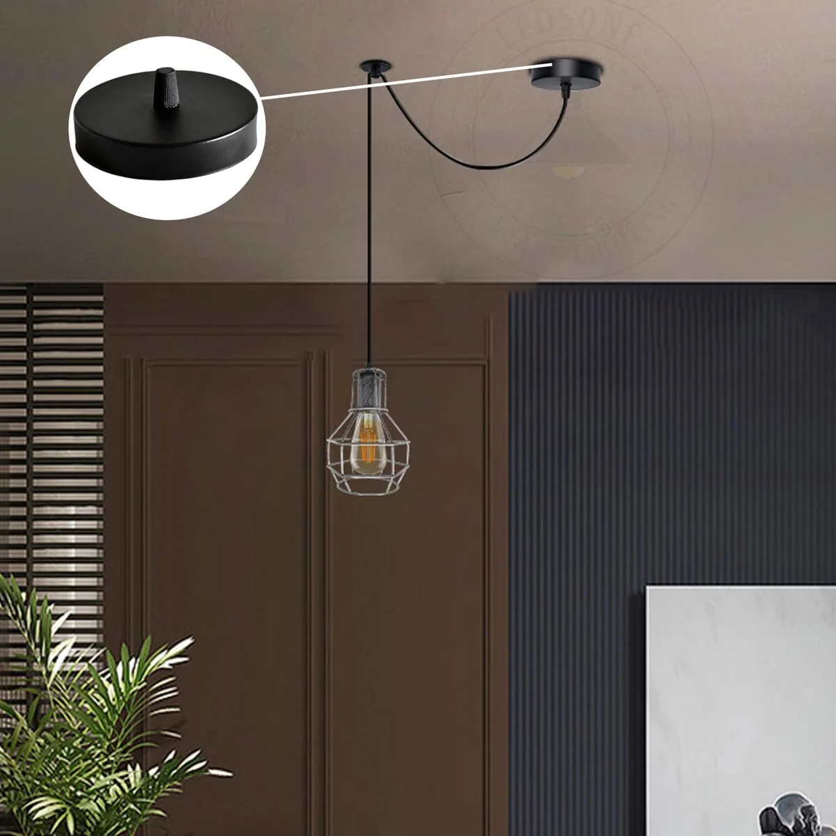 Vintage black ceiling plate with mounting bracket and cord grip, designed for secure pendant light installation