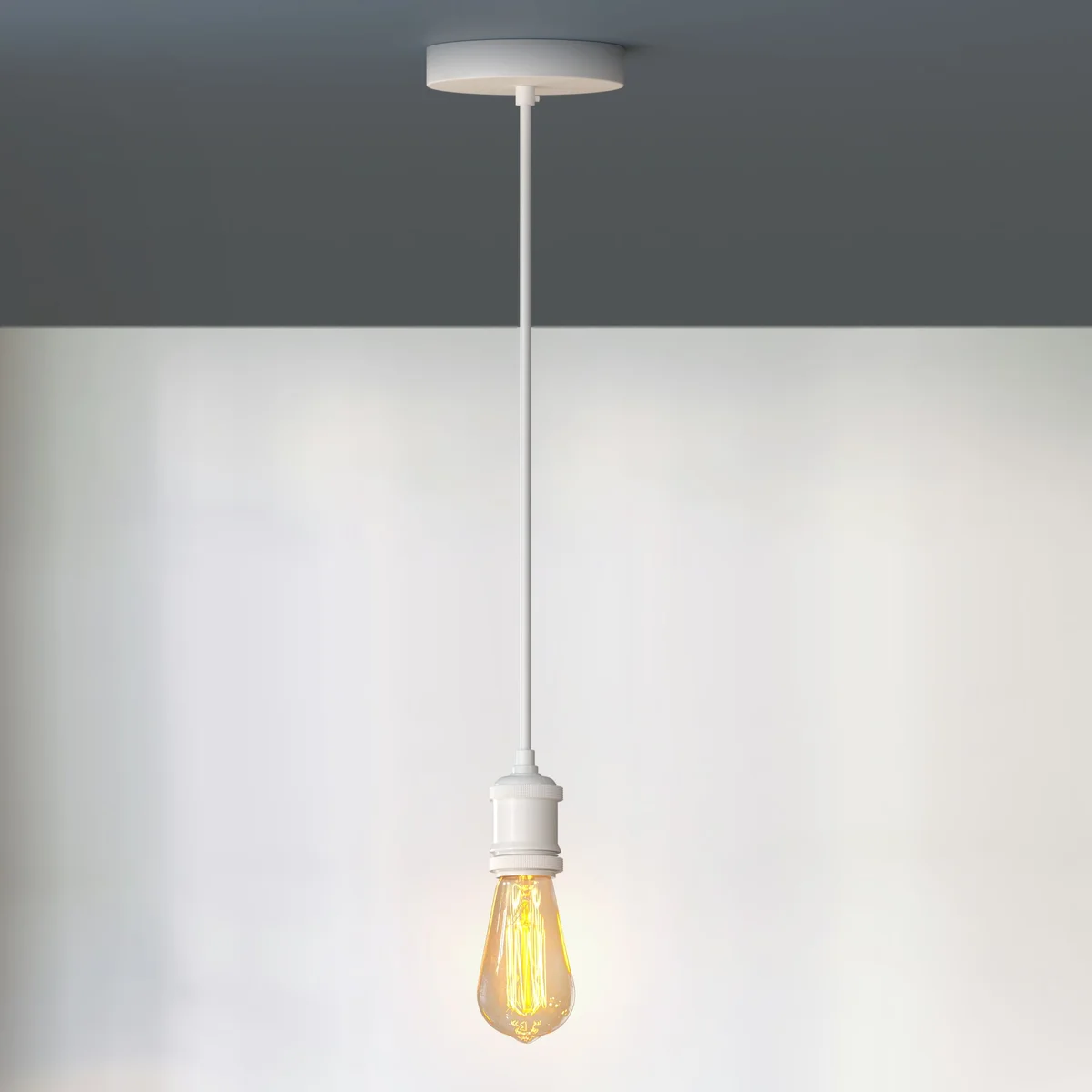 White metal industrial ceiling rose with one outlet, 120mm diameter, 25mm deep, includes cord grip and mounting bracket