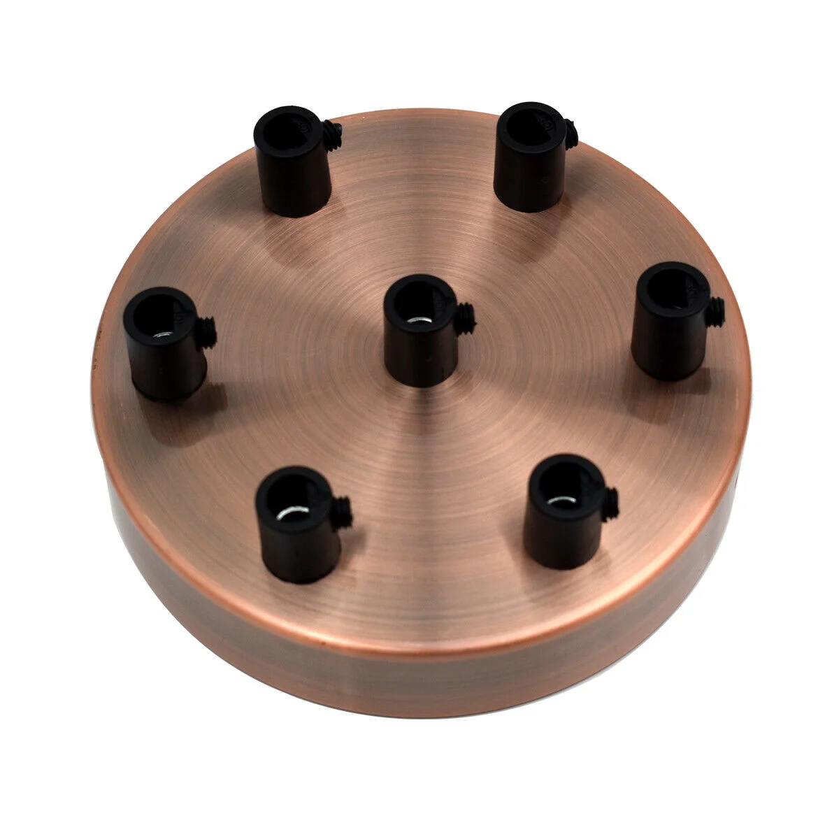Round copper ceiling rose with black drop design and 7 holes for multiple pendant light fittings, 120x25mm size