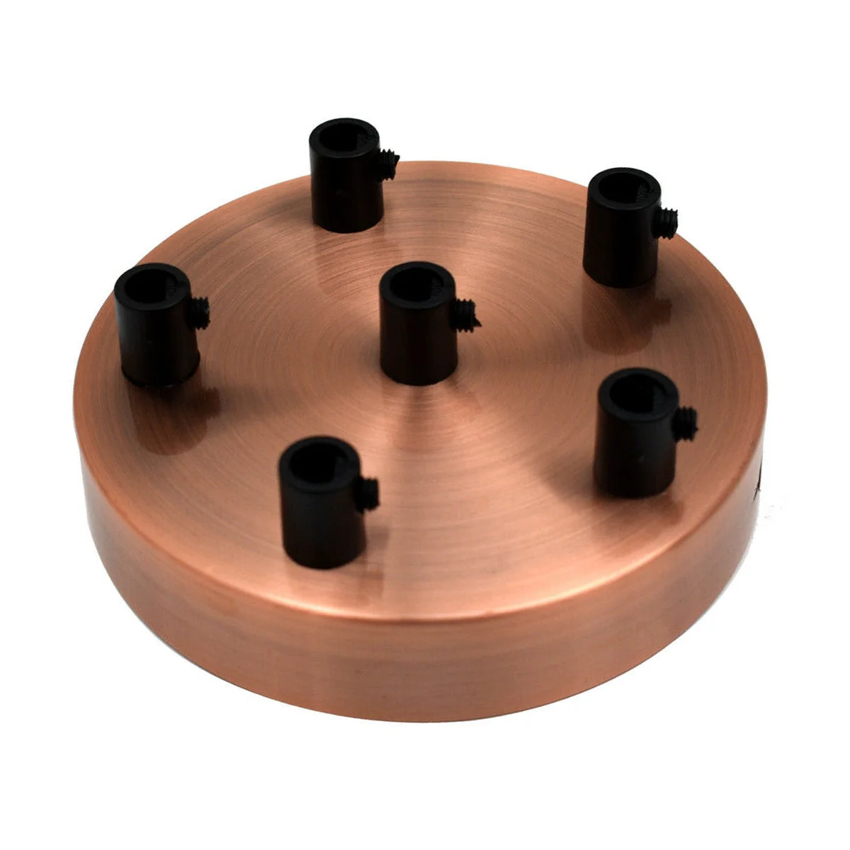 Multi outlet ceiling rose with six holes, copper body and black drop pendant, 120mm diameter, metal round design