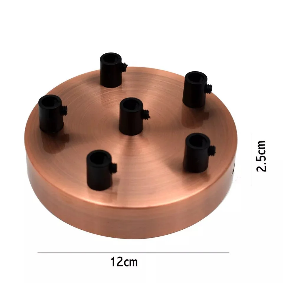 Round copper ceiling rose with black drop design and six holes for multiple pendant light fittings, 120x25mm size