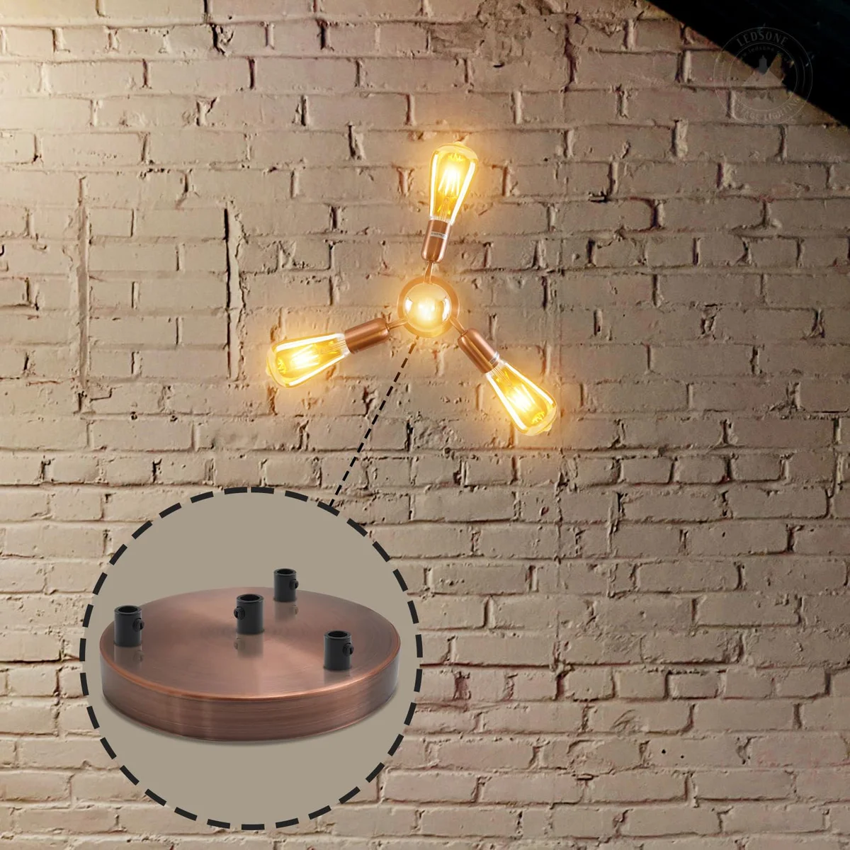 Copper metal ceiling rose with 4 outlets, round 120mm diameter, side fitting plate, includes cord grips and screws