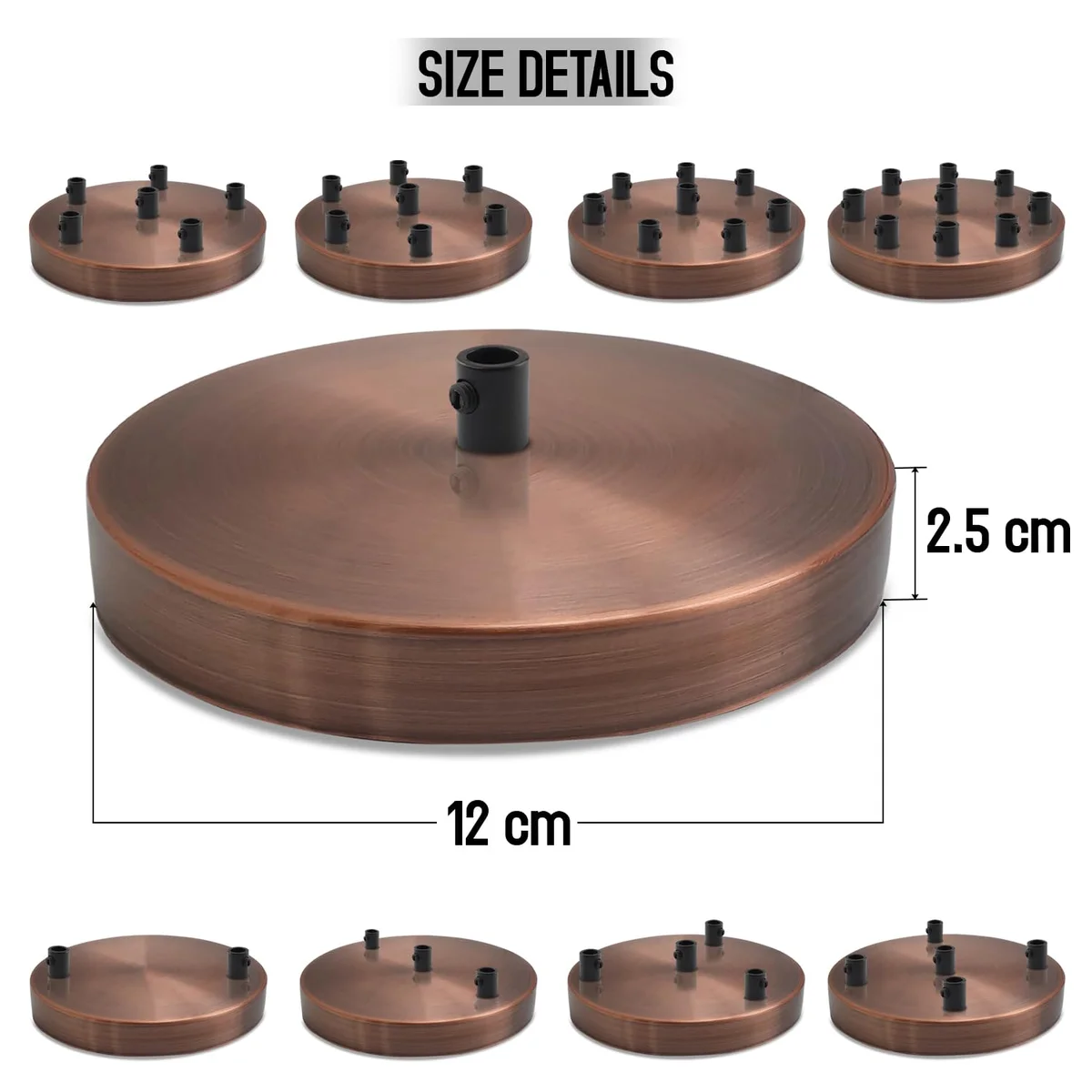 Copper side fitting ceiling rose with 4 outlets, round metal design, 120mm diameter, shown with mounting accessories