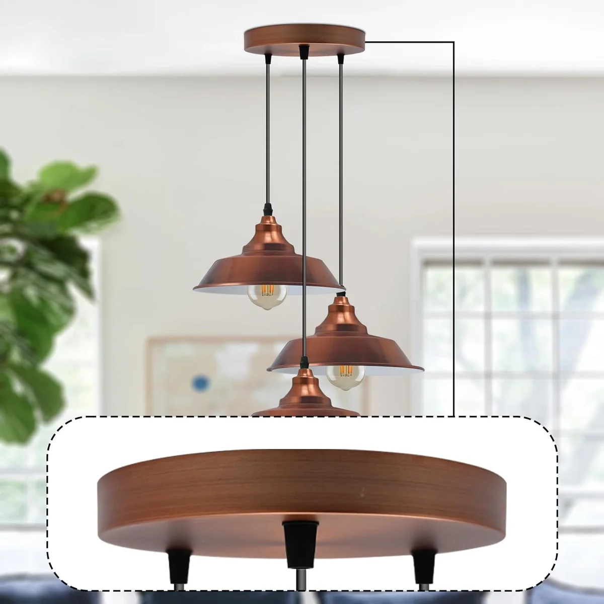 Copper ceiling rose with three mounting holes and cord grips, round metal design, 120x25mm, vintage style ceiling fixture accessory