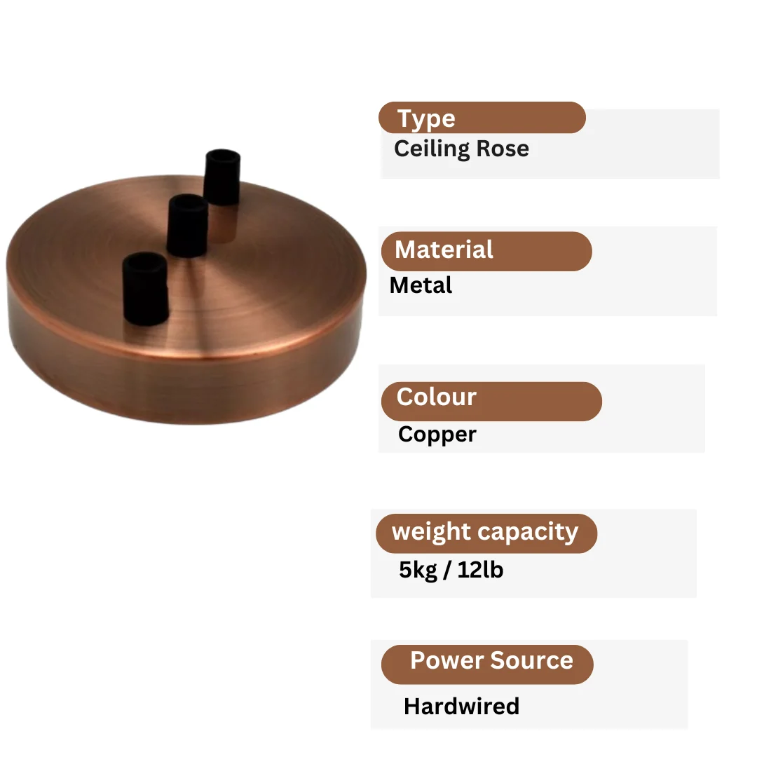 Copper metal ceiling rose with three holes and cord grips, 120x25mm, vintage style for indoor use