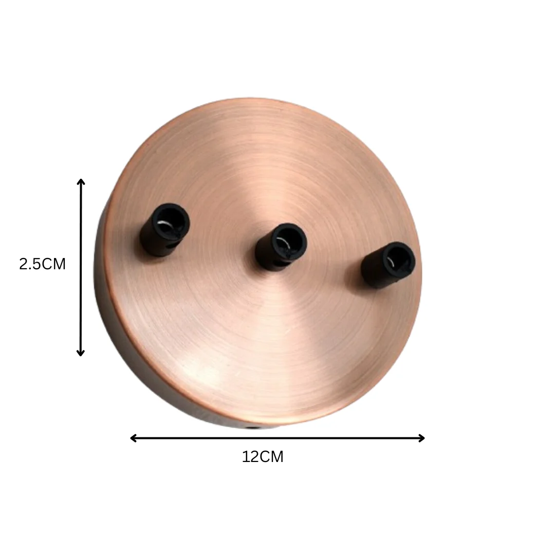 Copper vintage ceiling rose with three pre-drilled holes and cord grips, 12cm diameter, metal finish for indoor use