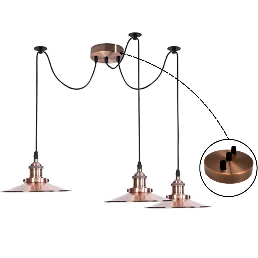 Copper multi outlet ceiling rose with three mounting holes and cord grips, 120x25mm, metal vintage style design