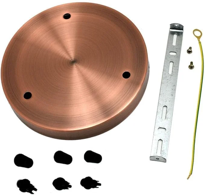 Copper indoor ceiling rose with three holes, round metal design, 12cm diameter, 2.5cm height, vintage style