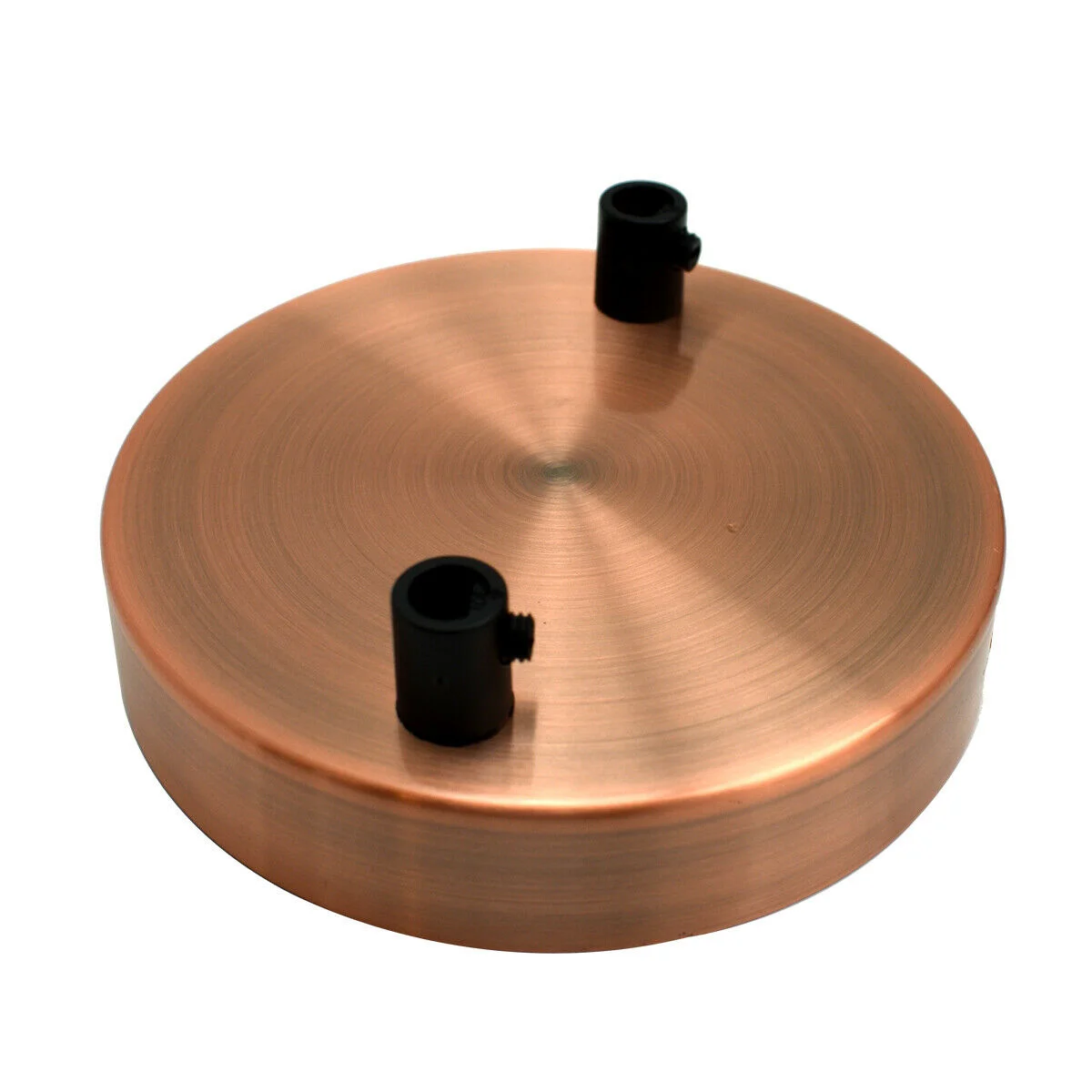 Round copper ceiling rose 100mm diameter with black drop pendant light fitting and mounting hardware on white background