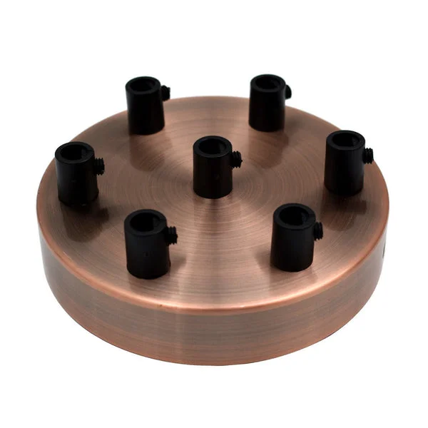 Round copper ceiling rose 100mm diameter with black drop pendant fitting and metal mounting hardware on white background